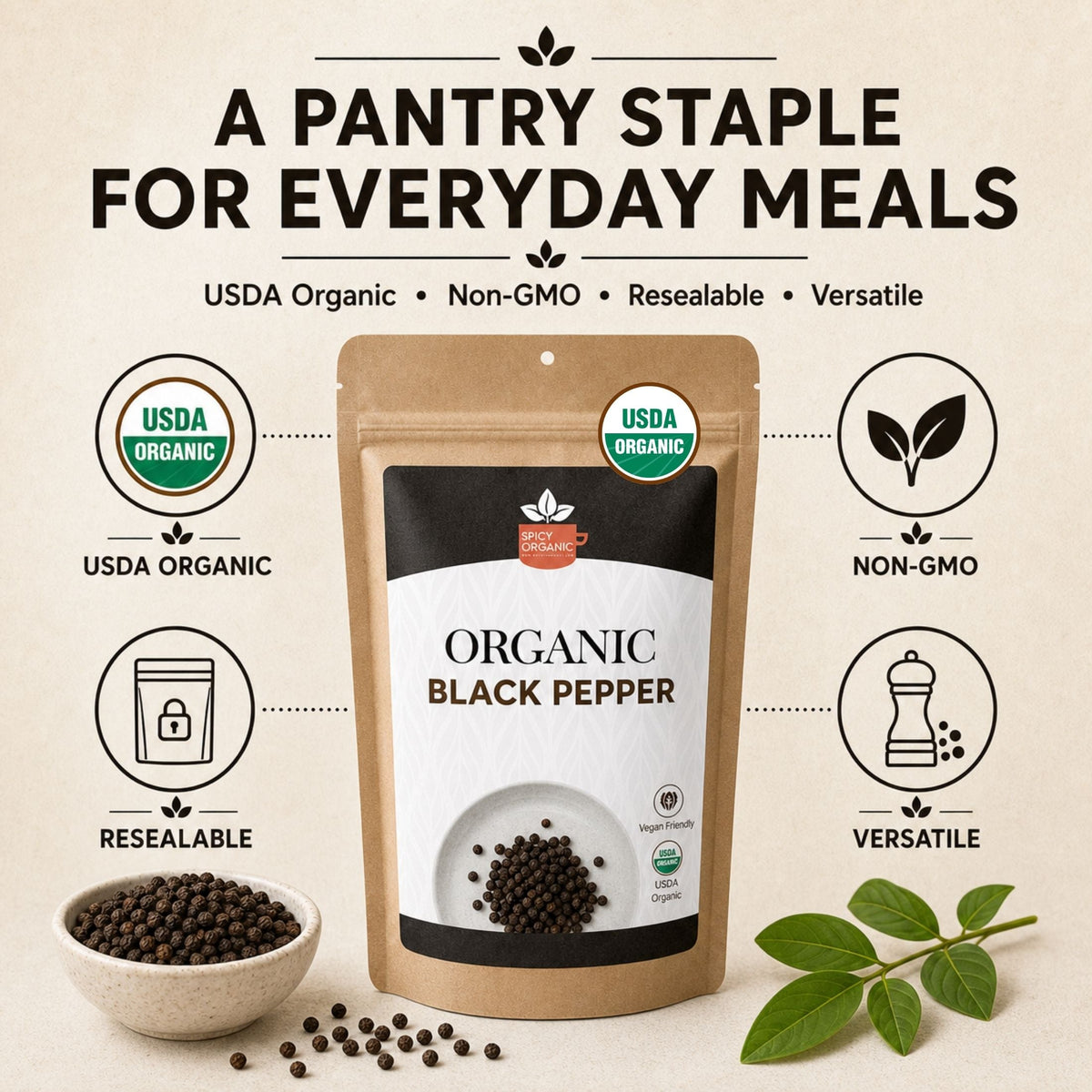Organic Black Peppercorns – Whole, for Grinding & Marinades