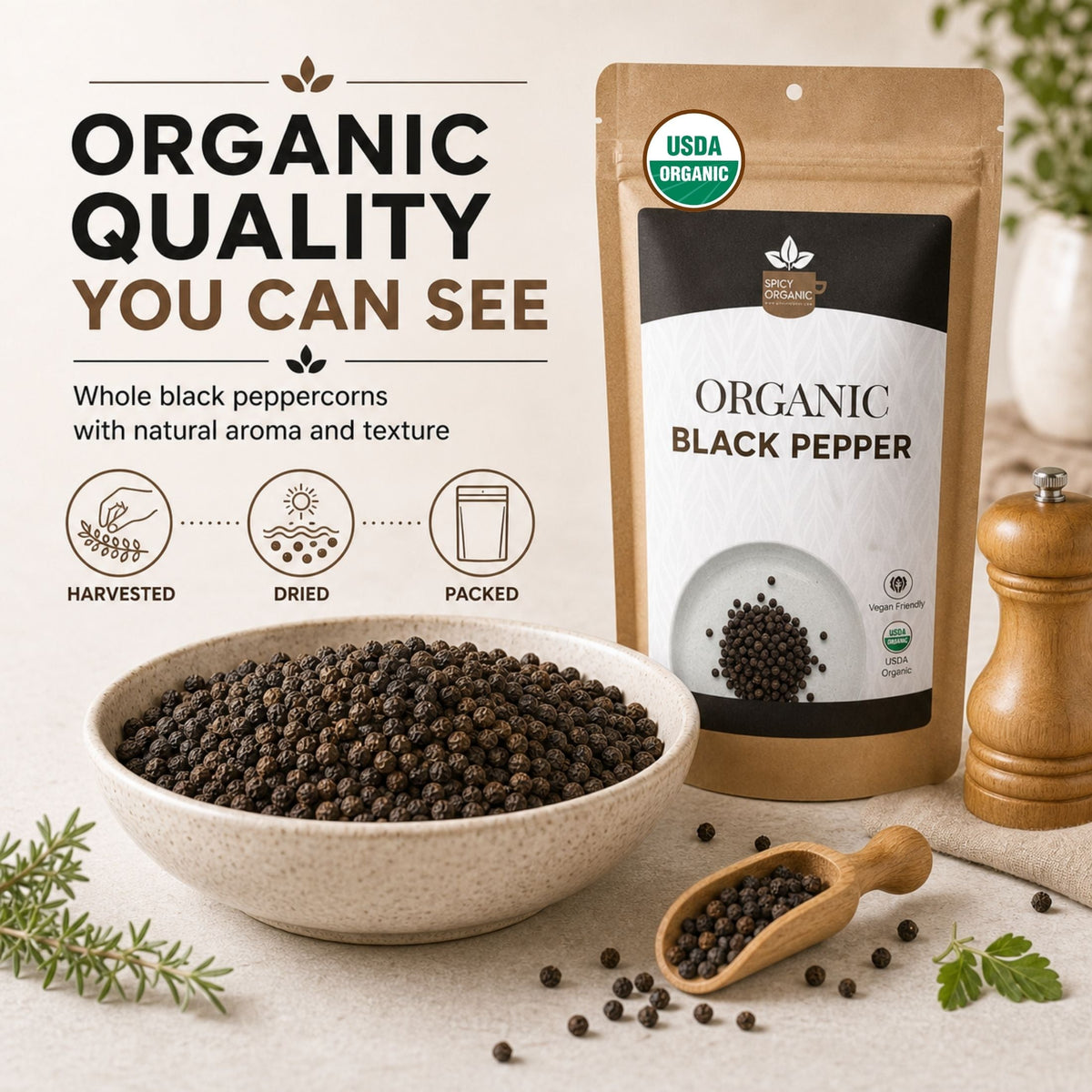 Organic Black Peppercorns – Whole, for Grinding & Marinades