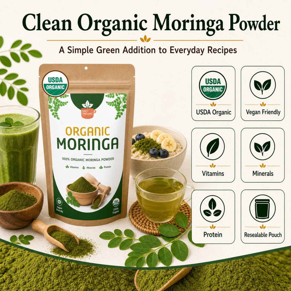 Organic Moringa Powder – For Smoothies & Golden Milk