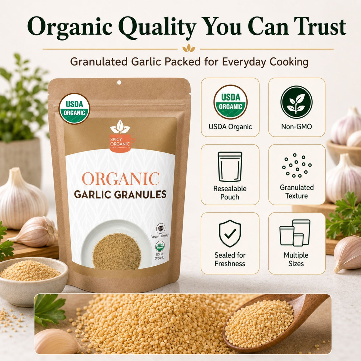 Organic Garlic Granules – For Marinades, Rubs & Roasting