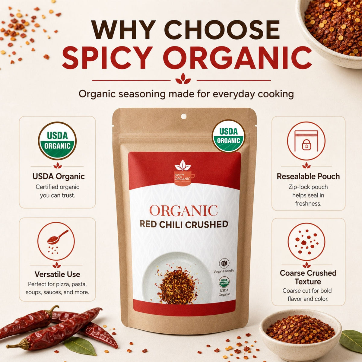 Organic Red Chili Flakes – For Pizza, Curries & Blends