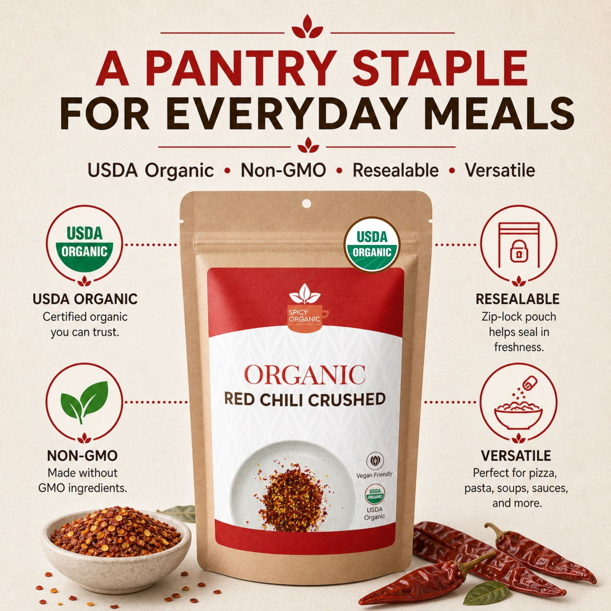 Organic Red Chili Flakes – For Pizza, Curries & Blends